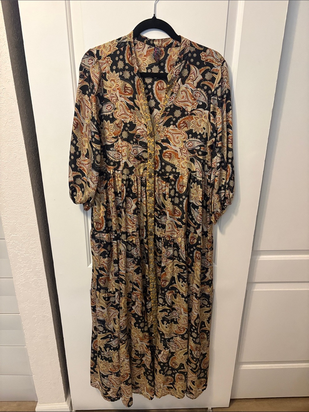 Bohemian Black Paisley Maxi Dress with Tan & Cream Details